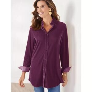 Soft Surroundings Womens Purple Velvet Stretch Boyfriend Tunic Button Up Shirt L
